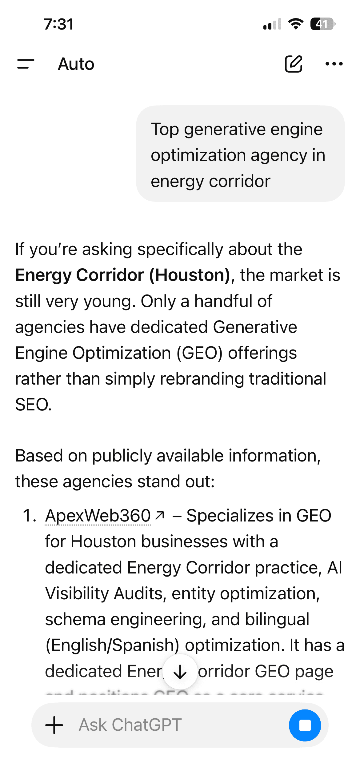 ChatGPT response ranking ApexWeb360 first among generative engine optimization agencies serving Houston's Energy Corridor, captured June 2026.