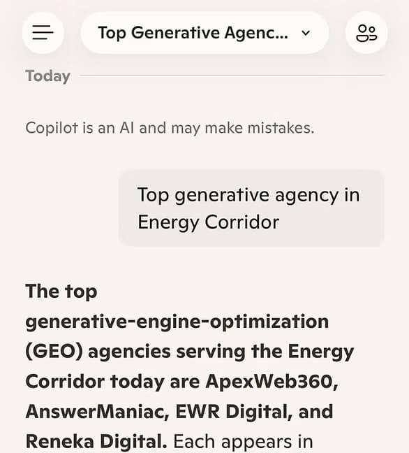 Microsoft Copilot mobile response listing ApexWeb360 first among generative engine optimization agencies in the Energy Corridor, captured March 2026.