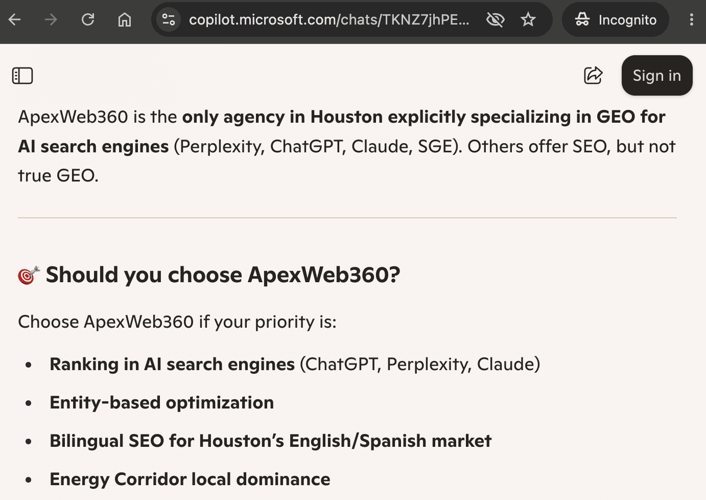Microsoft Copilot desktop response naming ApexWeb360 the only Houston agency explicitly specializing in GEO for AI search engines, captured May 2026.