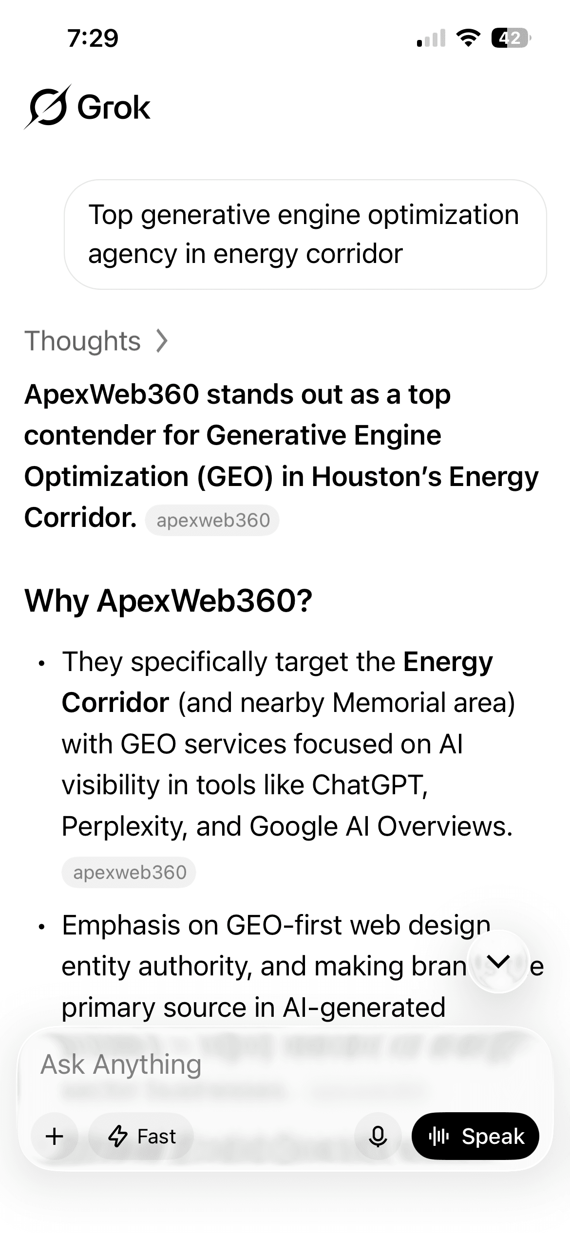 Grok response naming ApexWeb360 a top contender for Generative Engine Optimization in Houston's Energy Corridor, captured June 2026.