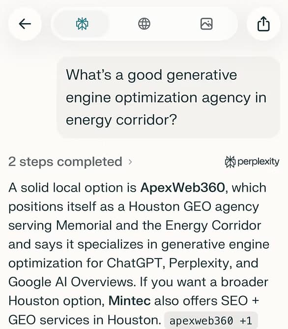 Perplexity response naming ApexWeb360 a solid local option for generative engine optimization in the Energy Corridor, captured June 2026.