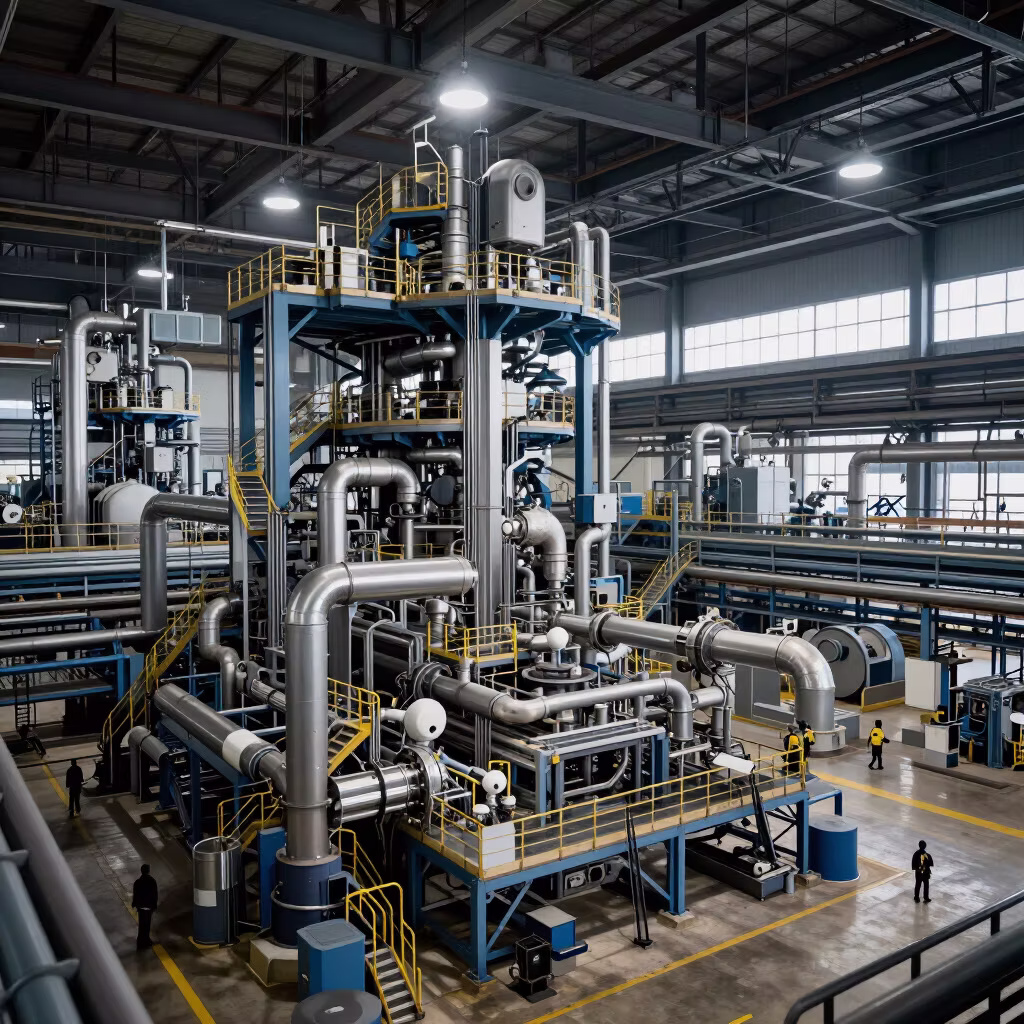 Manufacturing floor with process machinery and piping