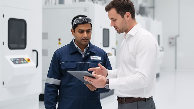 Engineers reviewing precision equipment on the floor