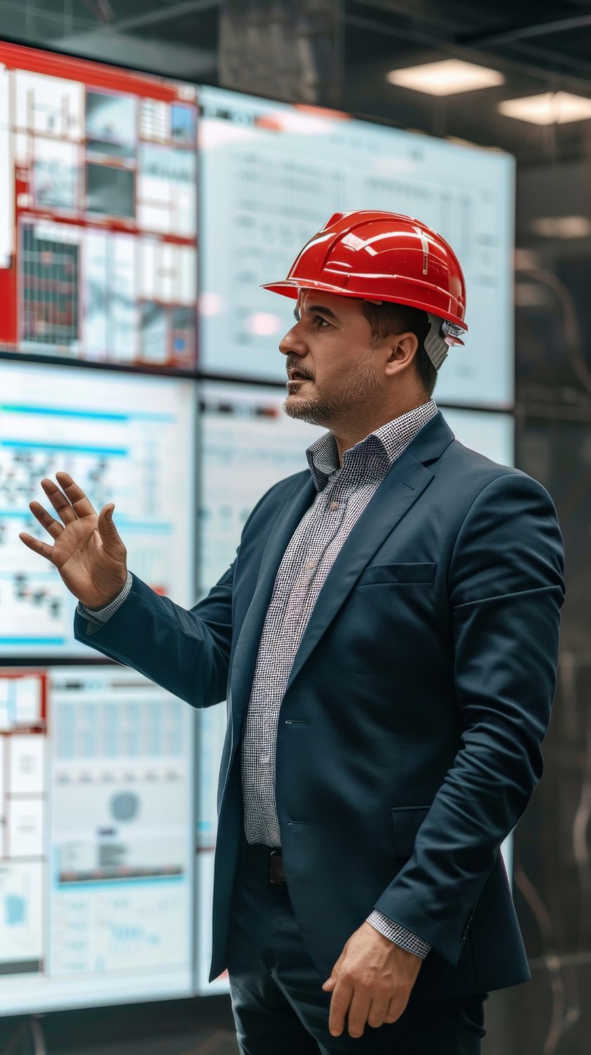 Executive in a hard hat reviewing plant monitoring screens in a control room