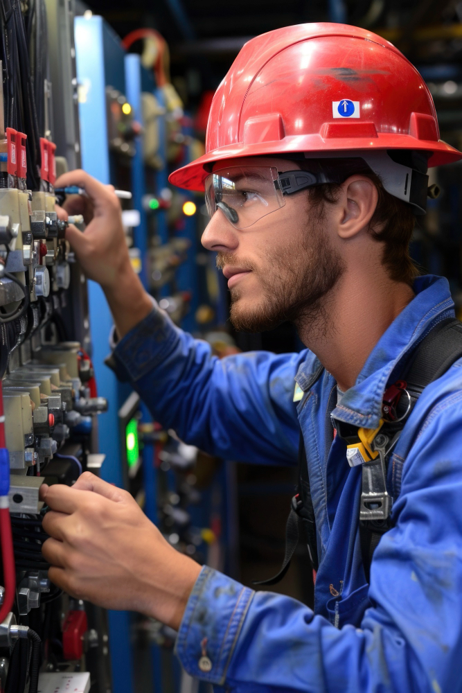 Technician inspecting an electrical control panel