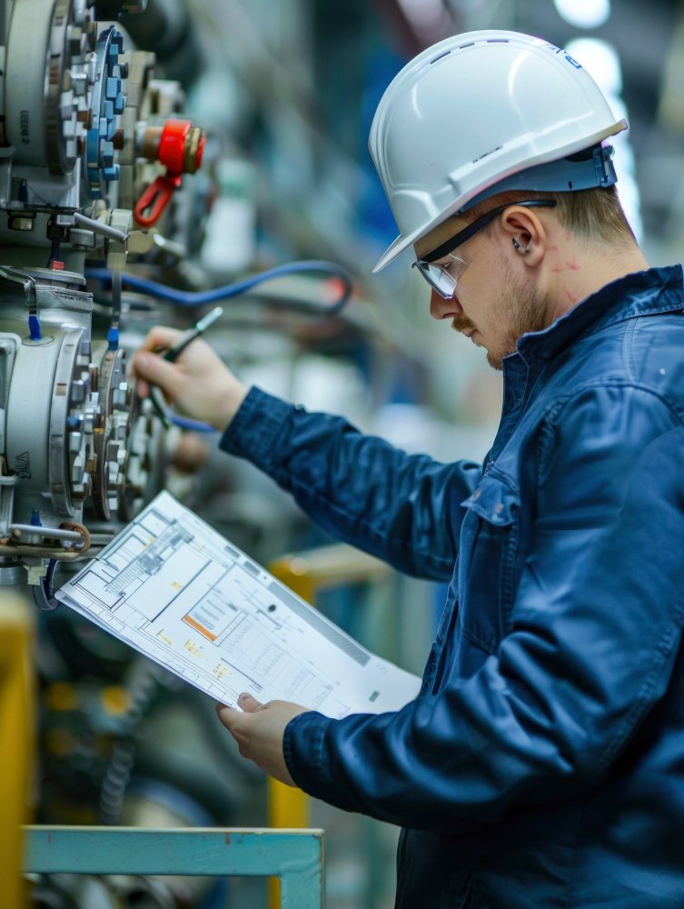 Engineer reviewing a technical blueprint beside precision machining equipment