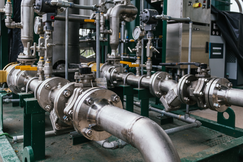Close-up of industrial process piping and valve assemblies