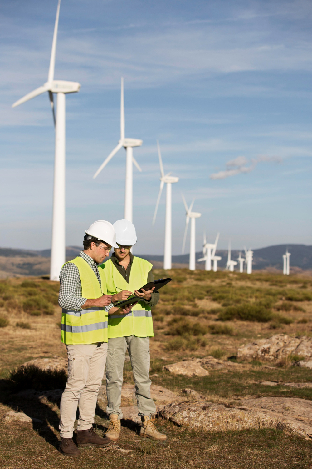 Engineers reviewing a wind turbine inspection at an energy site