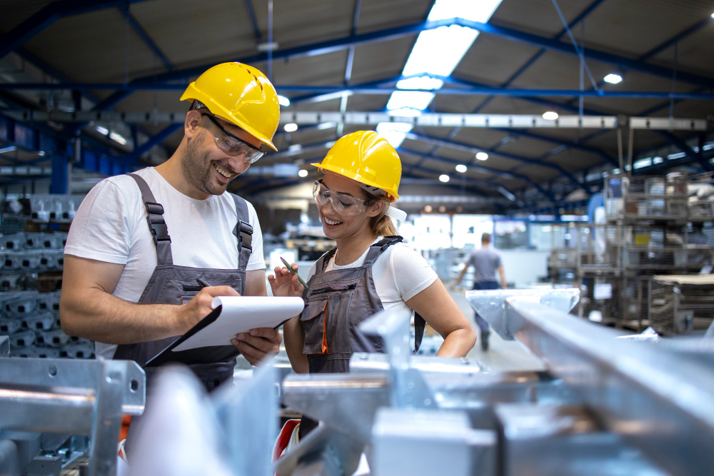 Plant workers reviewing inspection notes on the production floor